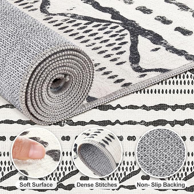 Nakagishi Area Rug Living Room Rugs: 6X9 Machine Washable Boho Large Neutral Farmhouse Stain Resistant Moroccan Indoor Floor Carpet for Bedroom Nursery Dorm Dining Room Home-Ivory Black