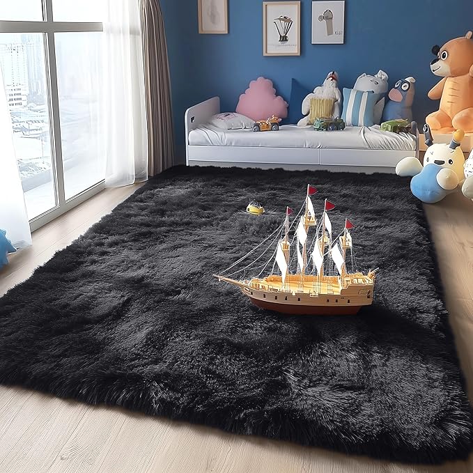 OLANLY 5x10 Machine Washable Large Area Rugs for Living Room, Bedroom, Soft Fluffy Shaggy Bedside Rug, Indoor Floor Carpet for Kids Girls and Boys, Dorms, Nursery, Home Decor Aesthetic, Black