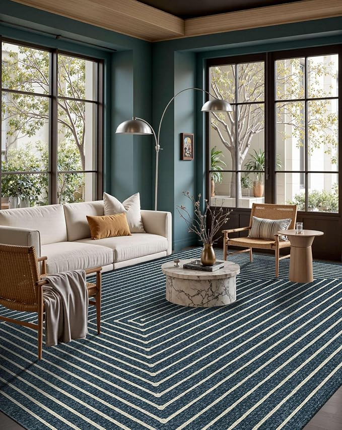 Latte&Fog 6x9 Area Rugs for Living Room Bedroom, Blue Modern Abstract Washable Rug, Boho Non Slip Low Pile Carpet for Indoor Dining Room, Dorm, Classroom, College Dorm, Farmhouse and Kids Room - Blue