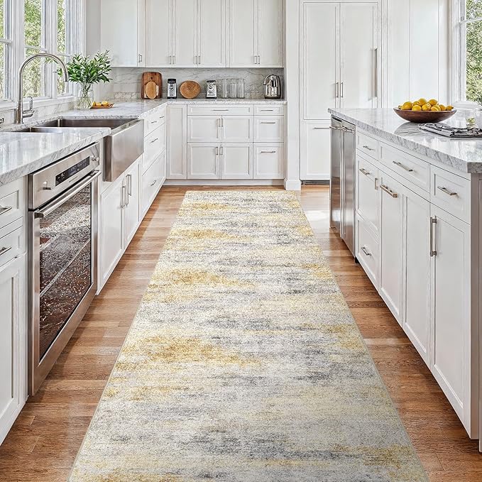 3x15 Washable Kitchen Runner Rug: Modern Abstract Runners for Hallway Soft Non Slip Rugs with Rubber Backing Low Pile Thin Waterproof Floor Carpet for Entryway Bedroom Bathroom Indoor 3x15 Grey/Yellow