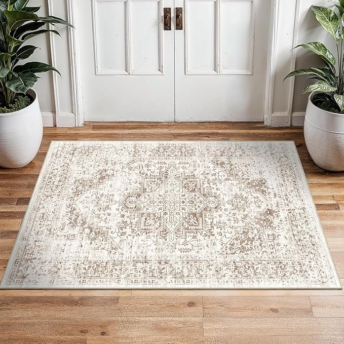 2x3 Entryway Area Rug Washable - Neutral Small Entry Rug Kitchen Rug Runner Vintage Soft Floor Mat Non Slip Indoor Farmhouse Carpet for Bedroom Bathroom Living Room (Cream/Camel)