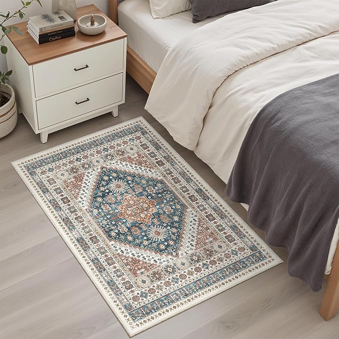 Madane Washable Area Rug 2x3, Small Entryway Rug Non-Slip Vintage Door Mat Indoor Entrance, Low Pile Floor Carpet for Inside Front Door Bedroom Kitchen Entry Laundry (2'x3', Navy Blue)