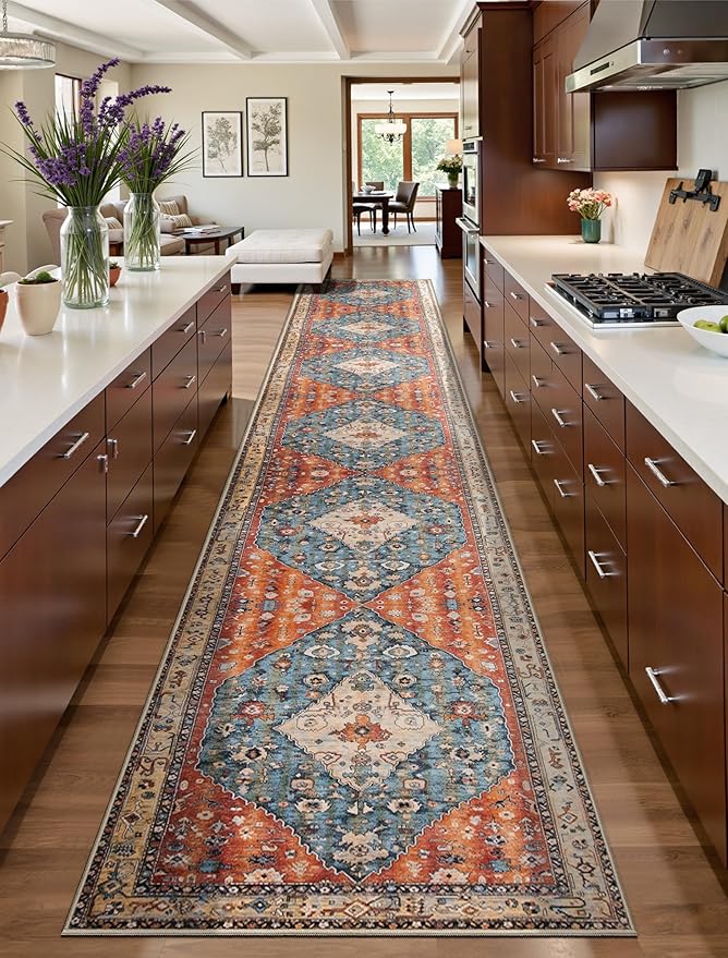 SERISSA Runner Rug for Hallways, 2'6"x16' Washable Non Slip Kitchen Runner Rug, Extra Long Boho Rug Ultra Soft Vintage Tribal Print Floor Carpet for Bedroom Hallway Entryway Bathroom Laundry Room