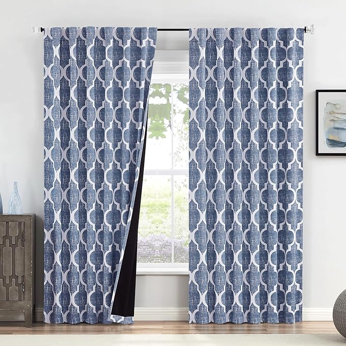 Beauoop 100% Blackout Curtains 96 Inches Long 2 Panels for Bedroom Living Room Blue Moroccan Geo Room Darkening Thermal Insulated Soundproof Rod Pocket Back Tab Window Treatments Drapes, 50x96