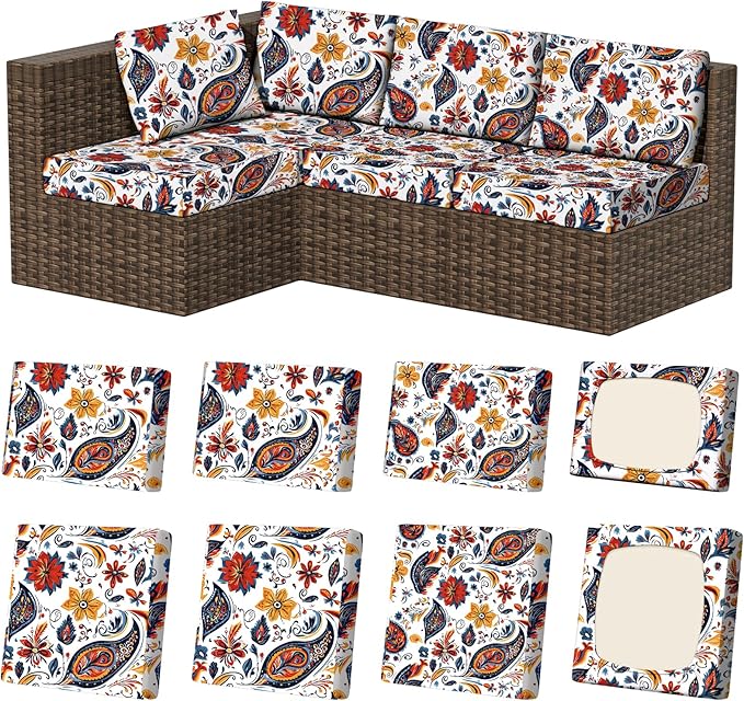 8Pcs Stretch Patio Cushion Covers, Outdoor Couch & Sofa Replacement Slipcovers for Patio Furniture Cushion Covers, Washable Reusable Furniture Protector
