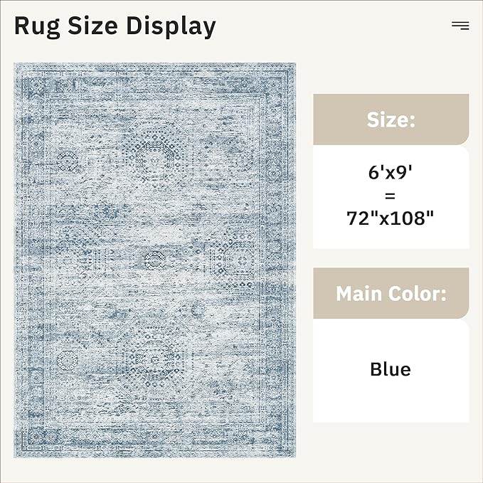 6x9 Area Rug for Living Room Washable 6x9 Non-Slip Modern Rugs for Bedroom Dinning Room Ultra-Thin Indoor Blue