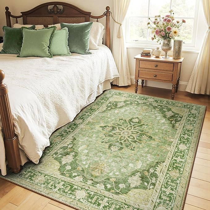 RELEANY Area Rugs 4'x6' Washable Non-Slip, Floral Vintage Distress Print Pattern Medallion Carpet for Living Room Bedroom Dining Room, Sage Green Yellow