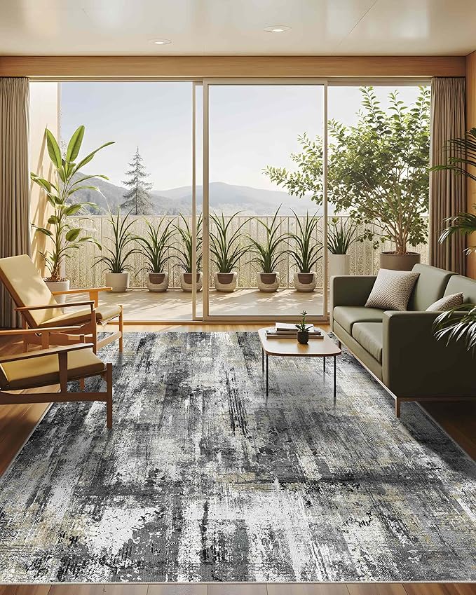 Latte&Fog 8x10 Area Rugs for Living Room, Large Black Modern Abstract Washable Rug, Boho Non Slip Low Pile Carpet for Indoor Bedroom Dining Room, Office, Dorm, Classroom, Farmhouse and Kids Room