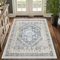 3x5 Washable Area Rug for Entryway, Kitchen Rugs Non Slip for Dining Room, Vintage Floral Soft Living Room Rug, Thin Area Rug Indoor for Bedroom, Kids Room Decor(Blue/Beige,3'x5')