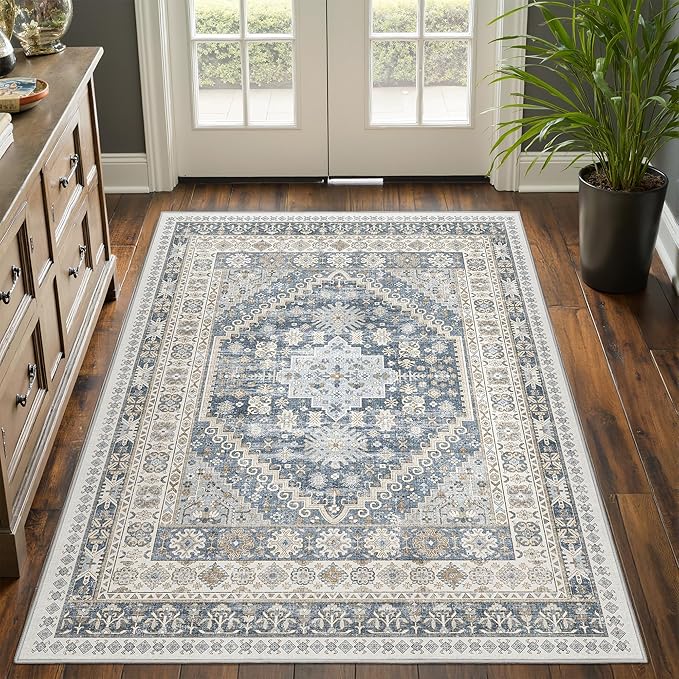 3x5 Washable Area Rug for Entryway, Kitchen Rugs Non Slip for Dining Room, Vintage Floral Soft Living Room Rug, Thin Area Rug Indoor for Bedroom, Kids Room Decor(Blue/Beige,3'x5')