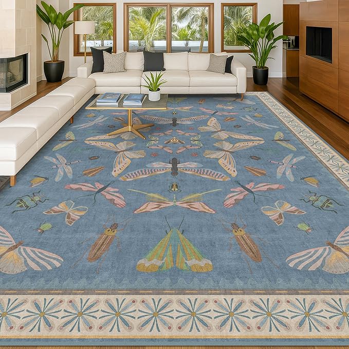 Hazo Haus Insect Light Blue Rug for Living Room - 9x12 Cute Rugs for Bedroom, Moth Floral Boho Design, Low Pile Stain Resistant Washable, Perfect for High Traffic Area