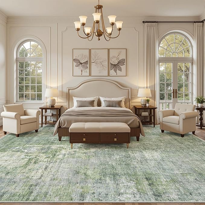 10x14 Area Rugs for Living Room, Non Slip Machine Washable Vintage Rugs, Low Pile Lightweight Large Rug for Bedroom, Dining Room, Home Office Green/Ivory