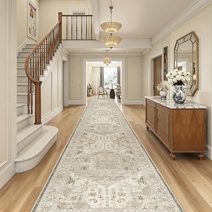Madane Hallway Runner Rug 3x18 - Kitchen Rugs 18ft Washable Entryway Rug Vintage Kitchen Runners Non Slip Indoor Area Rug Farmhouse Carpet Runner for Bathroom Living Room Bedroom, Ivory/Brown