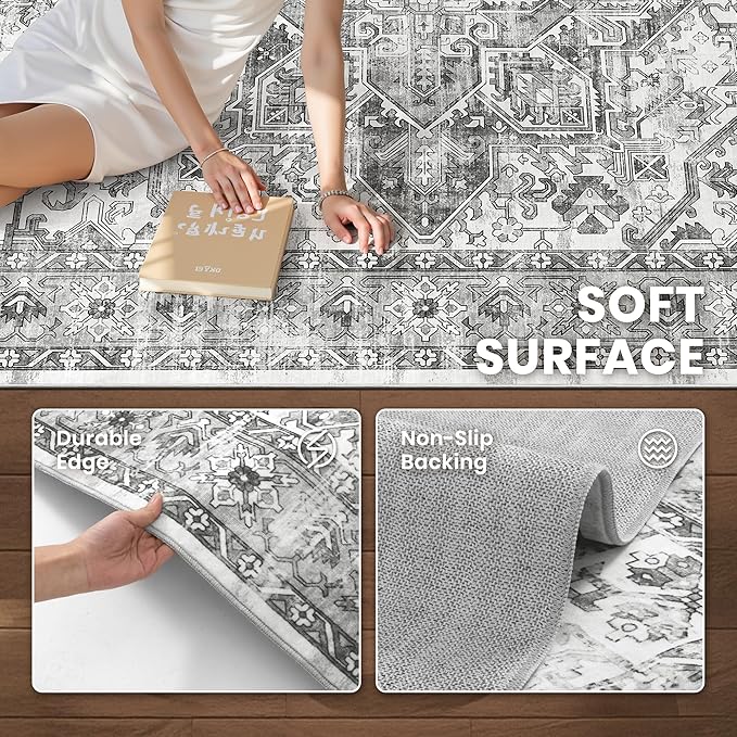 zesthome 8x10 Area Rugs for Living Room,Non-Slip Backing Washable Rugs,Vintage Large Area Rug，Stain Resistant Home Decor Rug (Grey/White,8'x10')