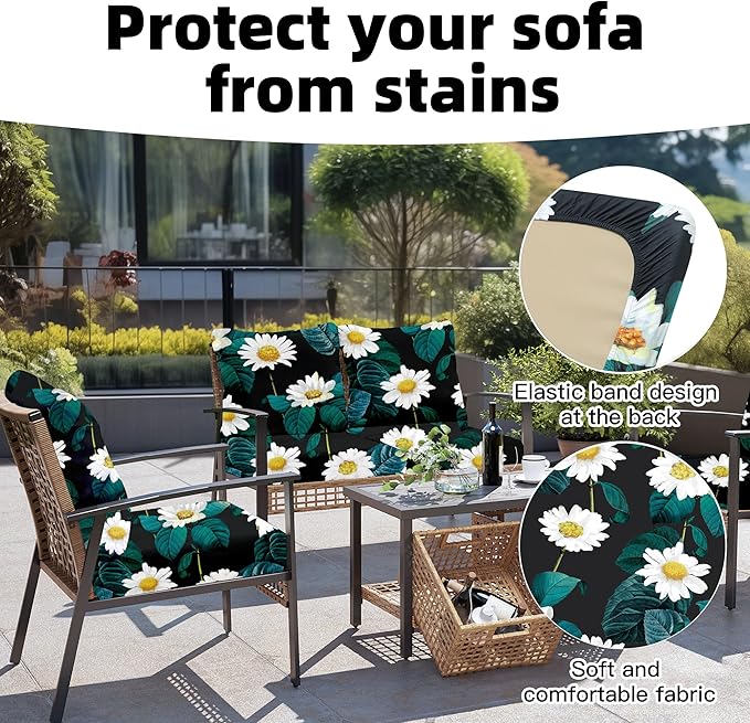 8Pcs Outdoor Cushion Covers, Patio Cushion Covers,Stretch Elastic Slipcovers, Replacement Washable & Reusable Furniture Protector for Patio Couch (Daisy,Cover Only)