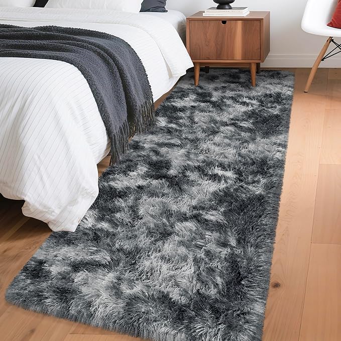 Tie-Dyed Dark Grey 2x6 Machine Washable Runner Rugs for Hallway Soft Fluffy Shaggy Bedside Rugs for Bedroom Living Room Indoor Floor Carpet for Kids Girls and Boys Nursery Rooms Home Decor Aesthetic