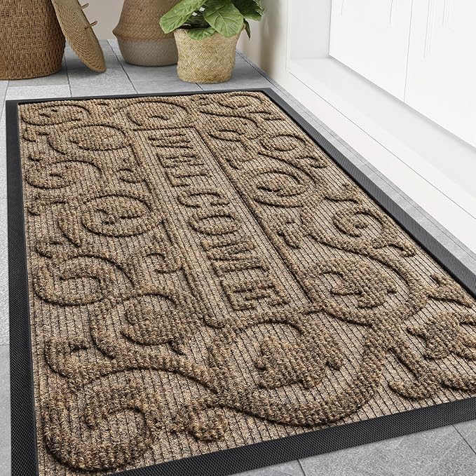 Smiry Welcome Door Mat Outside Entrance, Heavy Duty Trap Dirt and Moisture Easy Clean Low Profile Patio Porch Indoor Outdoor Front Doormat for Entry, 47x32 Inch, Brown