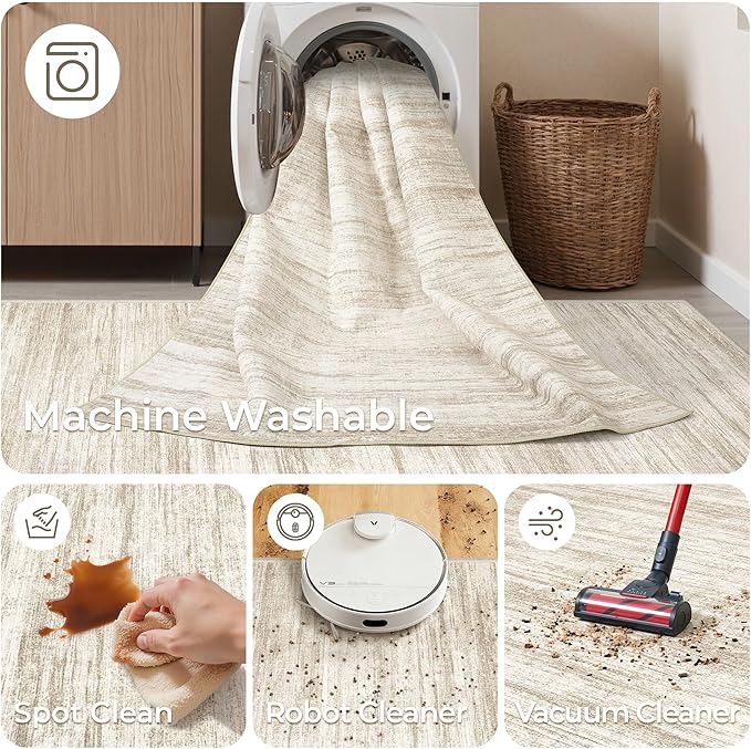 2x8 Runner Rug, Washable Runners for Hallways wirh Rubber Backing, Stain Resistant Kitchen Rug, Soft Thin Carpet Runner for Entrance, Bedroom, Living Room Indoor(2'x8', Brown/Beige)