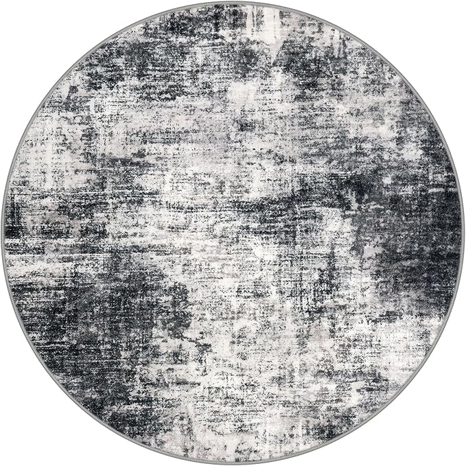 IOHOUZE Abstract Round Area Rug 6 Ft Washable Circle Rugs Large Round Rug Non Slip Thin Soft Circle Rugs, Printed Faux Wool Floor Carpet for Bedroom Living Room Dining Room Nursery, Black Grey