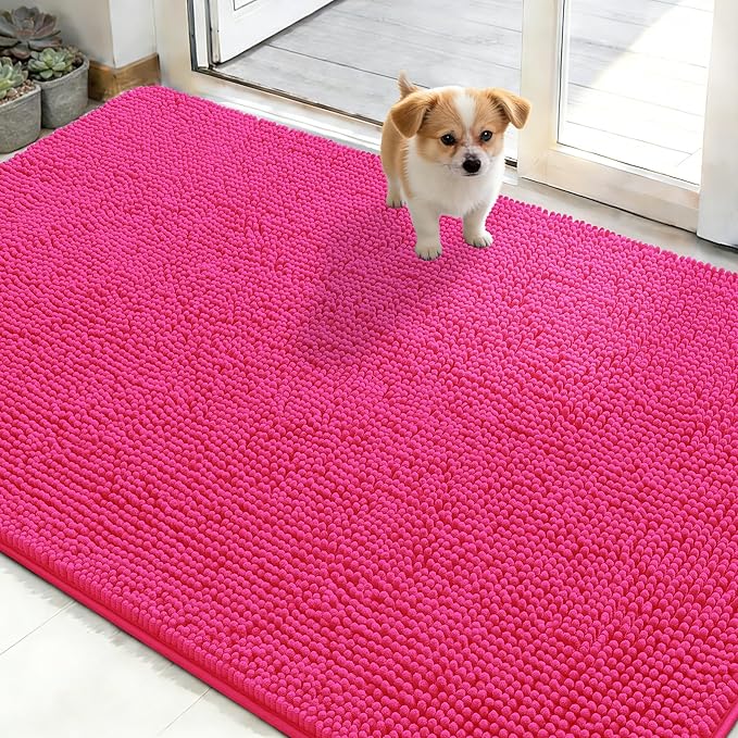 OLANLY Dog Door Mat for Muddy Paws 50x30, Absorbs Moisture and Dirt, Absorbent Non-Slip Washable Doormat, Quick Dry Chenille Mud Mat for Dogs, Entry Indoor Entryway Carpet for Inside Floor, Hot Pink