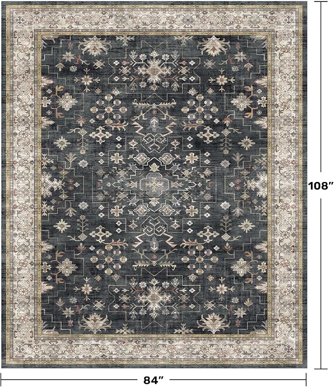Hazo Haus Boho Dining Room Rugs for Under Table - 7x9 Washable Black Area Rug for Living Room, Low Pile Non-Slip Rugs for Bedroom Under Bed - Charming Farmhouse Decor & Stain Resistance - Black/Multi