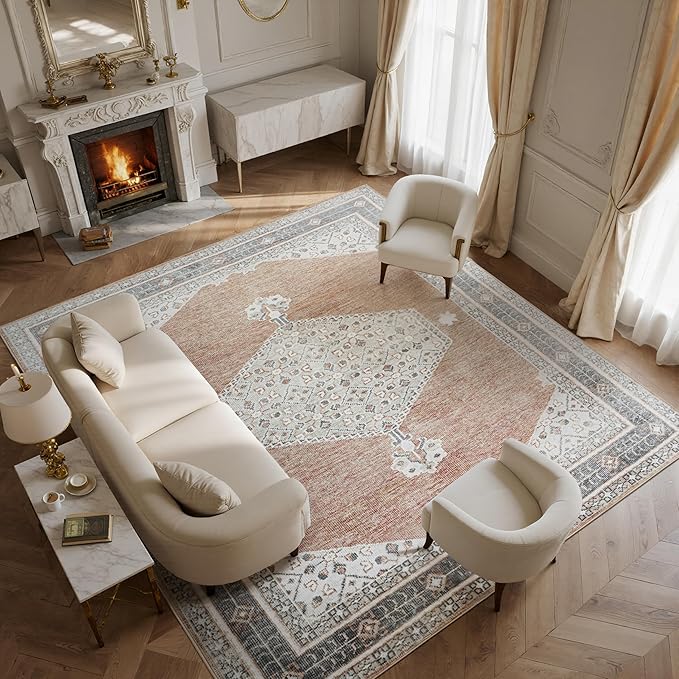 Washable Rugs 8x10 Area Rugs for Living Room,Bedroom,Dining Room- Soft Low Pile Stain-Resistant Carpet with Non-Slip Rubber Backing,Large Vintage Area Rug for Nursery Home Office Decor