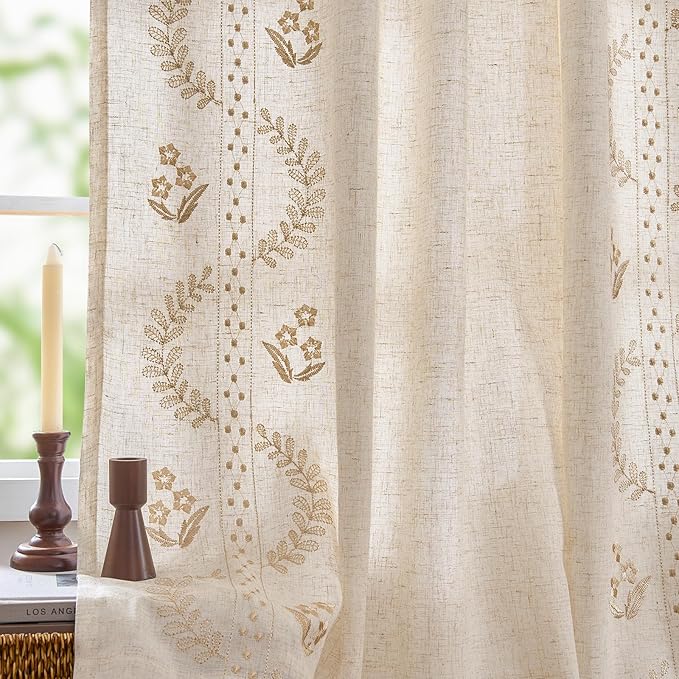 jinchan Belrose Lined Linen Blend Curtains Boho Floral Curtains for Bedroom 63 Inch Length Beige Embroidered Drapes Rod Pocket Farmhouse Flower Drapes for Living Room Window Treatments Set 2 Panels