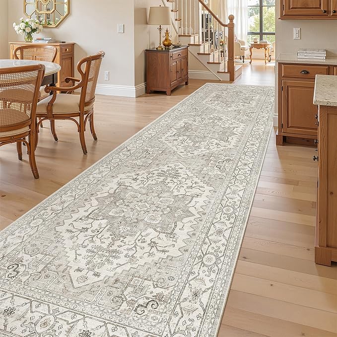 Madane 3x12 Hallway Runner Rug, Non Slip Washable 12ft Runner for Hallways Soft Vintage Kitchen Rugs Low-Pile Thin Floor Carpet Runner for Entryway Bathroom Bedroom, Beige/Brown