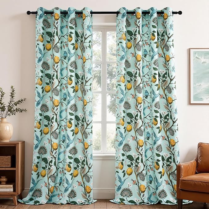 Topfinel 96 Inches Long Floral Curtains Unique Cottagecore Whimsical Vintage Pretty Fun Floral Hummingbird Patterned Double Sided Grommet Green Print Drapes Two Pages for Bedroom Living Room Dining