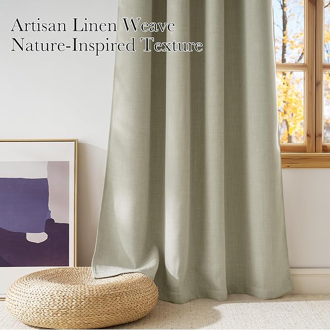 NICETOWN Beige Faux Linen Room Darkening Rod Pocket Curtains 63 inch Length, W42 x L63, Light Blocking Thermal Insulated Noise Reducing Drapes for Bedroom Living Room Farmhouse Decor, 2 Panels