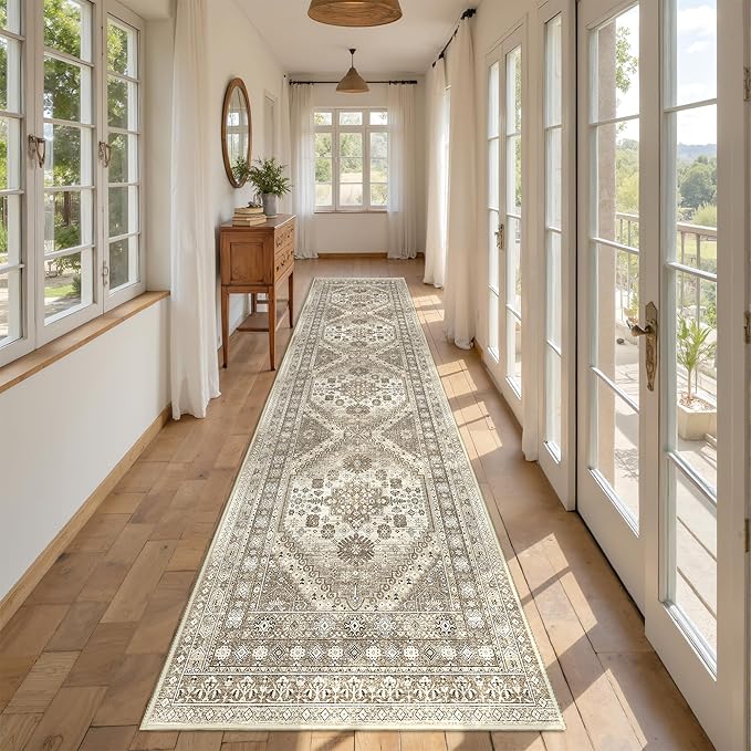 Runner Rug 2x10, Ultra-Thin Kitchen Rugs Non Slip Washable Rugs for Entryway Rug, Kitchen Runner Low Pile Vintage Soft Carpets for Living Room, Bathroom Bedroom (Brown,2'x10')