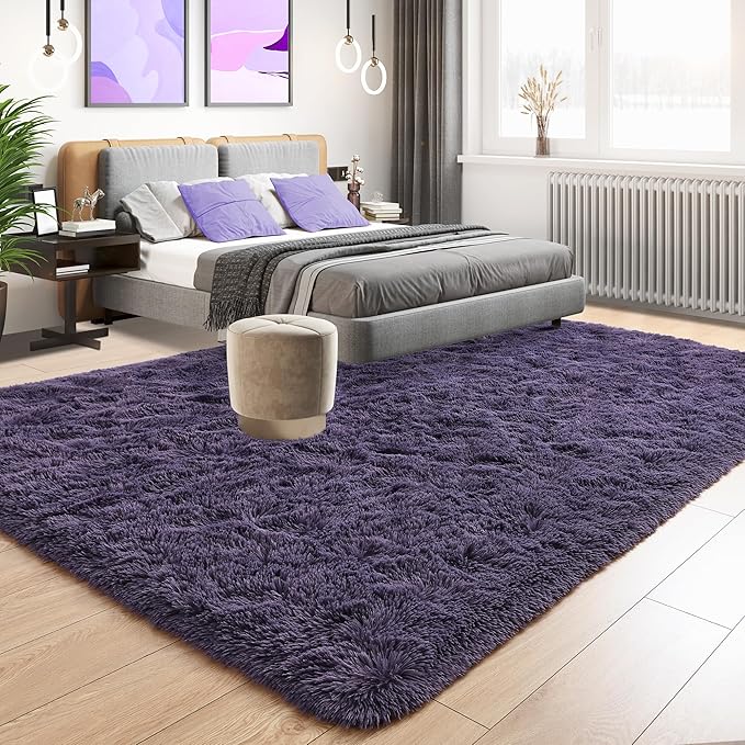 Tepook Fluffy Large Rugs for Living Room, Shag Area Rug 6x9 Soft Carpet for Bedroom, Modern Shaggy Rug for Kids Boys Girls, Plush Indoor Nursery Home Decor Rug with Non-Slip Bottom, Gray Purple