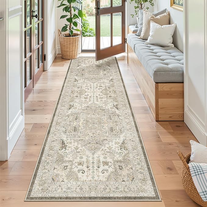 Madane Washable Runner Rug 2x7, Hallway Laundry Room Kitchen, Non Slip Rug Runners with Rubber Backing, Non Skid Stain-Resistant Non Shedding Durable Vintage Runners (2'x7', Ivory/Brown)