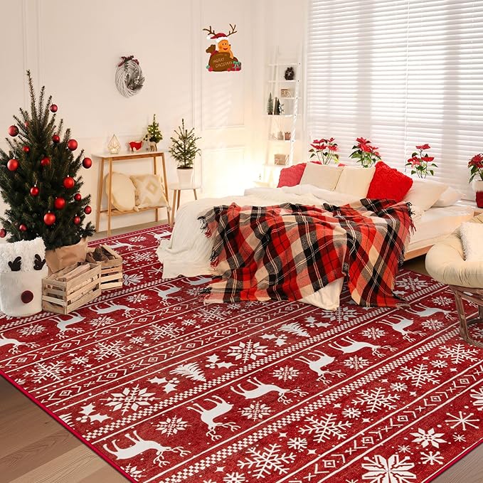 Christmas Rug 8x10 Washable Rugs, Boho Christmas Tree Snowflake Rug Non-Slip Soft Low Pile Non Shedding Indoor Holiday Carpet for Living Room Bedroom Dining Room Home Office (XmasRed, 8'x10')