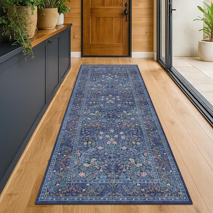 Hazo Haus Non Slip 2x10 Dark Blue Hallway Runner - 10ft Long Runner Rugs, Washable Kitchen Floor Mat - Vintage Navy Floral Design Décor