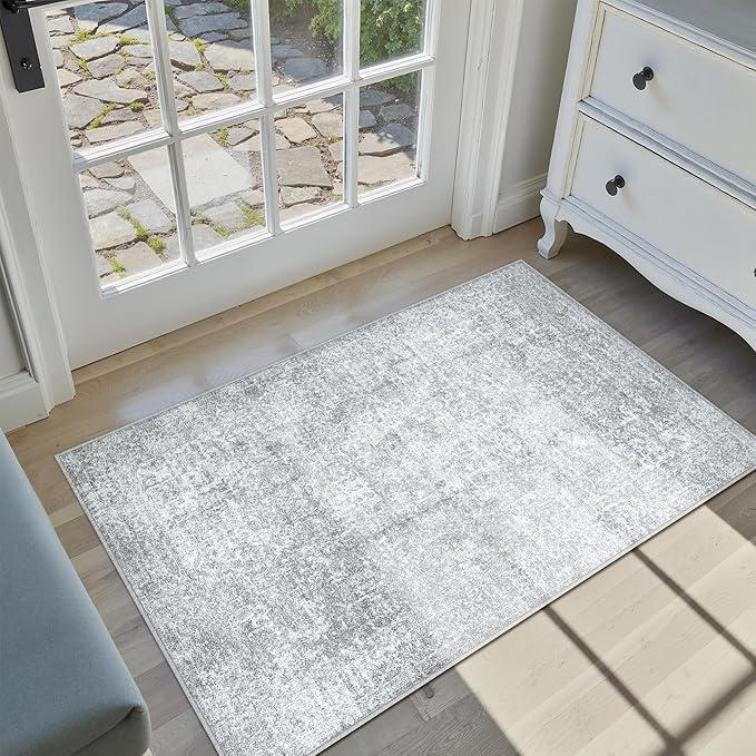2x3 Entryway Area Rug Vintage Washable Small Carpet Indoor Non Slip Grey Kitchen Entrance Mat Low Pile Retro Accent Distressed Throw Rug for Bathroom Bedroom Dining Living Room