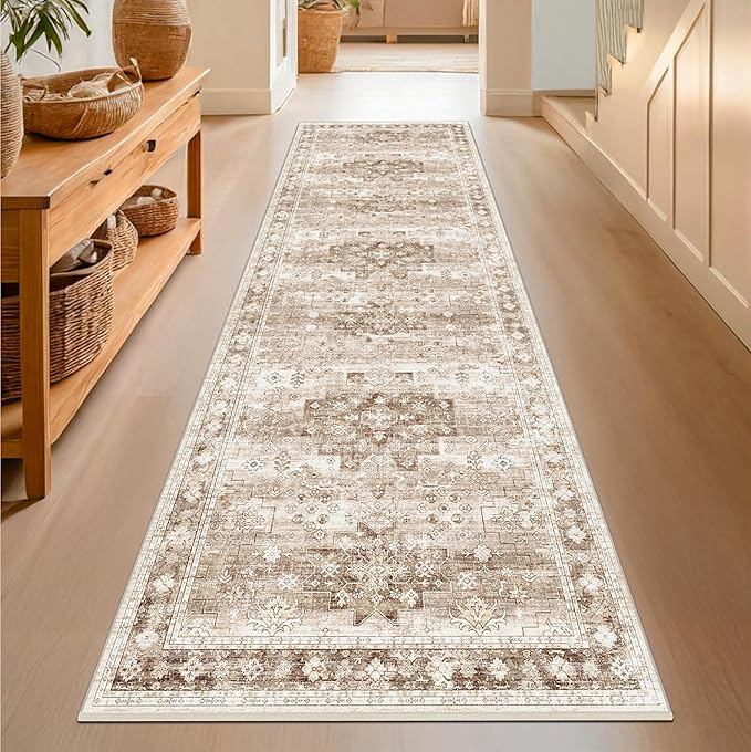 Hazo Haus Beige Washable 2'6"x8' Wide Hallway Runners, Kitchen Runner Rug, Non-Slip & Stain Resistant Long Floor Rug, Neutral Boho Floral Decor (2'6"x8' Beige/Latte)