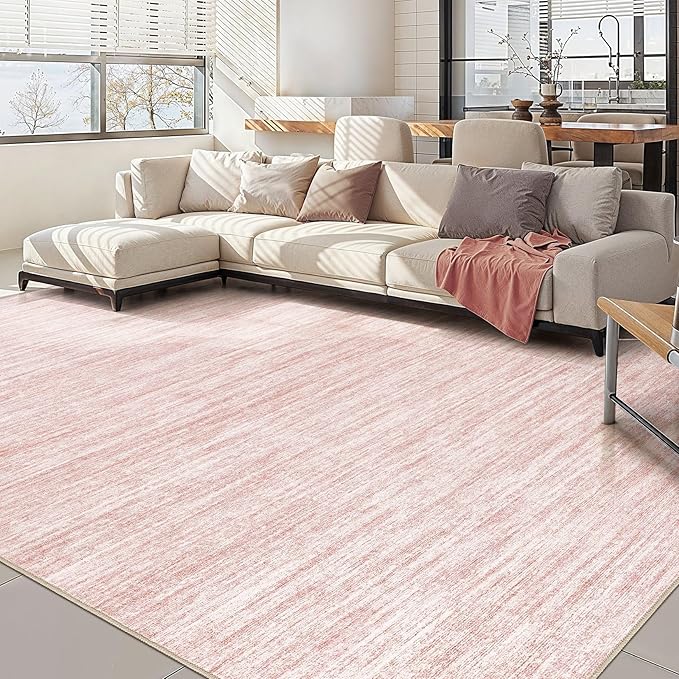 Nakagishi 9x12 Area Rugs Living Room: Washable Large Vintage Rug Neutral Non-Slip Soft Stain Resistant Indoor Carpet for Bedroom Nursery Dining Room Office Playroom - Pink-01