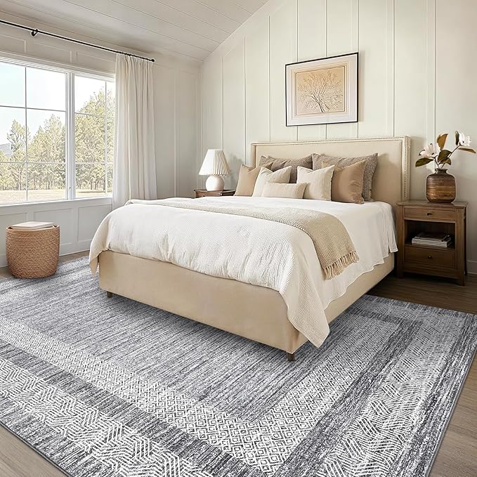 GarveeHome 8x10 Large Washable Area Rug Modern Bordered Rug Distressed Geometric Floor Carpet, Soft Non Slip Rug, Low Pile Non Shedding Rug, Indoor Gray Rug for Bedroom, Living Room