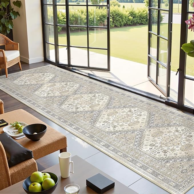Hallway Runner Rug 2x12, Extra Long Washable Runner Rugs with Rubber Backing, Non Slip Runner, Vintage Rug Runners for Kitchen Laundry Room Entryway (Beige,2'x12')