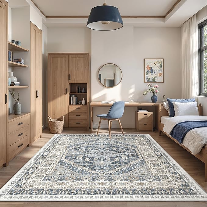 Area Rugs 5x7, Ultra-Thin Washable Rugs for Living Room, Anti-Slip Backing Area Rug for Bedroom, Soft Floral Vintage Home Decor Rug for Dining Room(Blue/Beige,5'x7')