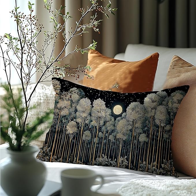 Rustic William Morris Inspired Night Forest Green Moon Pillow Covers 12x20 Double-Sided,Vintage Botanical Nature Landscape Decorative Throw Pillow Covers for Home Bedroom Living Room