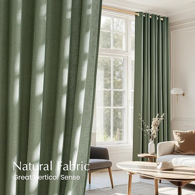 NICETOWN Forest Green Linen Curtains for Kitchen, Thick Flax Small Window Treatments Semi Sheer Privacy Assured with Light Through for Cafe/Bathroom, W55 x L84, 2 Panels