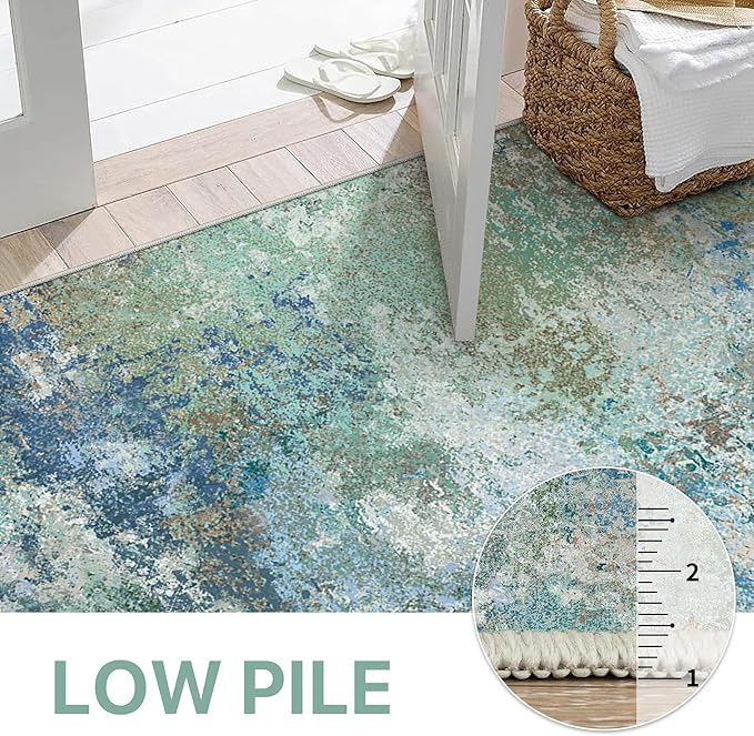 Area Rugs 8x10 for Living Room Bedroom, Modern Abstract Machine Washable Rug, Large Soft Low Pile Floor Carpet with Non Slip Backing for Dining Room, Blue Green
