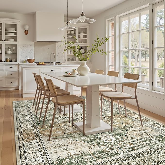 Soalmost 5x7 Area Rugs Low Pile Indoor Washable Trendy Faded Style Rugs for Bedroom Living Room Dining Room Foldable Non-Slip Thin Print Mat Green Olive Beige