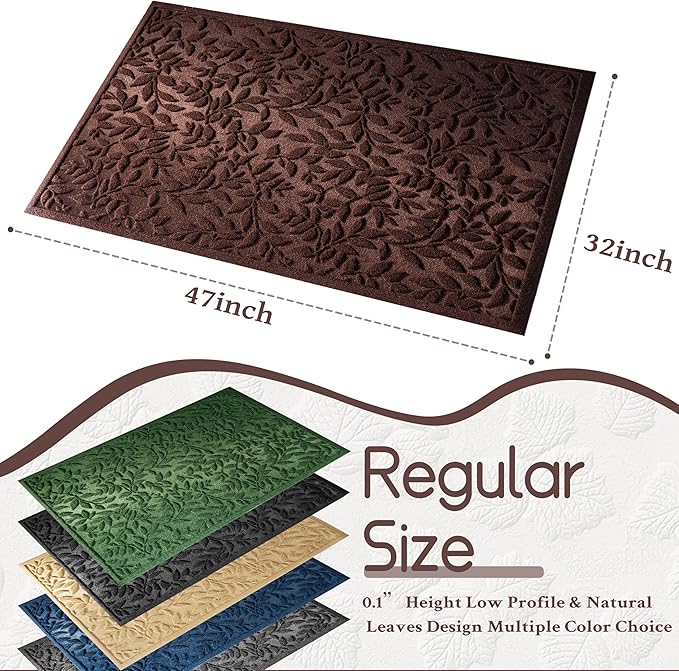 Coffee Brown Leaves Outdoor Indoor Entrance Door mat, Absorbent Durable Heavy Duty Welcome Front Door Mat,Thick Natural Rubber Back,Easy Clean Entryway Mat 47x32 Inch, Low Profile