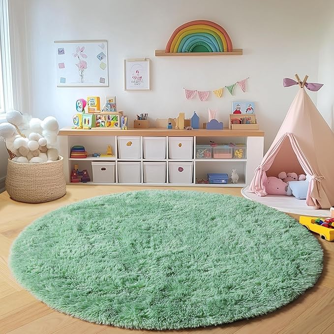 ONASAR Sage Green Round Area Rug 4ft, Fluffy Soft Bedroom Circle Rugs for Kids Girls Boys Teen Dorm Room, Cute Furry Plush Shaggy Carpet for Nursery Living Room Playroom Christmas Home Decor