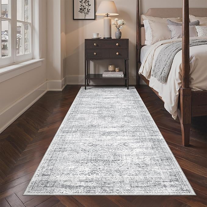 3x8 Runner Rug Non Slip Washable for Entryway, Vintage Hallway Runner for Front Porch, Laundry Room, Bedroom, Abstract Stain Resistant Thin Indoor Kitchen Mats for Floor(3'x8', Grey/Ivory)