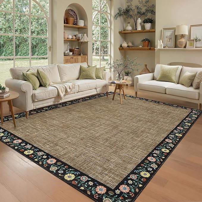 GarveeHome Washable Rugs for Living ROM 8 x 10 Large Area Rug Farmhouse Floral Bordered Bedroom Carpet Indoor Non-Slip Nursery Mat Soft Non Shedding Stain Resistant Carpet for Dining Room, Brown