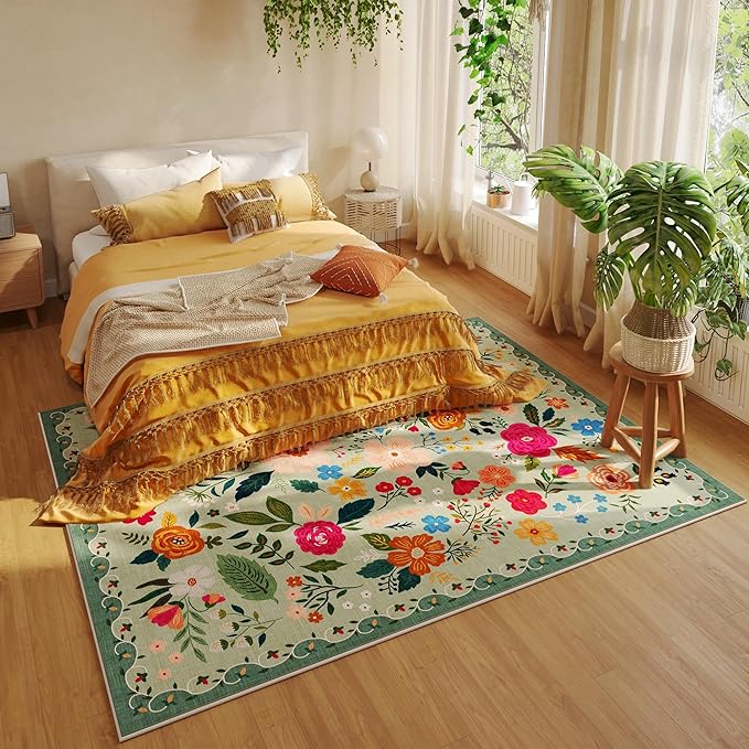 Rugcomf Living Room Rug 6x9 Rug Machine Washable Boho Area Rug Non Slip Floral Vintage Low Pile Large Rug for Living Room, Bedroom, Farmhouse, Dining Room, Kids Playroom(Green)